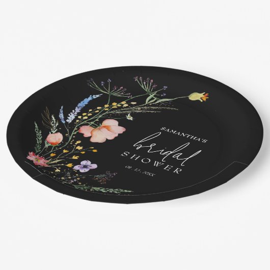 Wildblumen Brautparty Schwarz Pappteller (Schrägansicht)