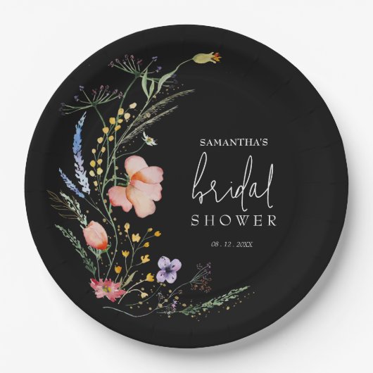 Wildblumen Brautparty Schwarz Pappteller (Vorderseite)