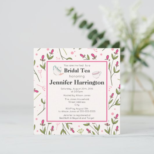 Wildblumen Bridal Tee aus rosa und grünem Langerst Einladung (Stehend Vorderseite)