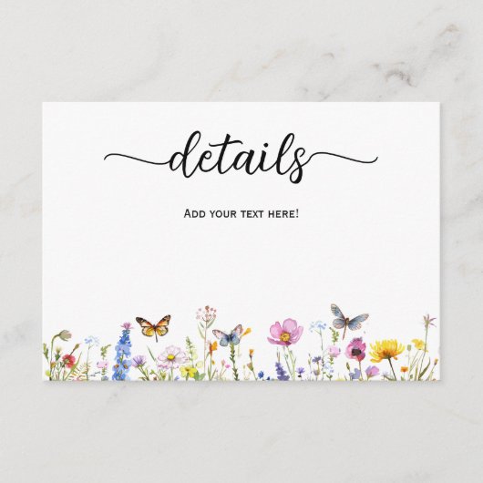 Wildblumen Butterflies Hochzeitdetails Begleitkarte (Vorderseite)