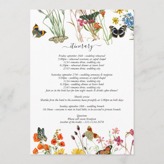 Wildblumen Butterflies Hochzeitstag Programm (Rückseite)