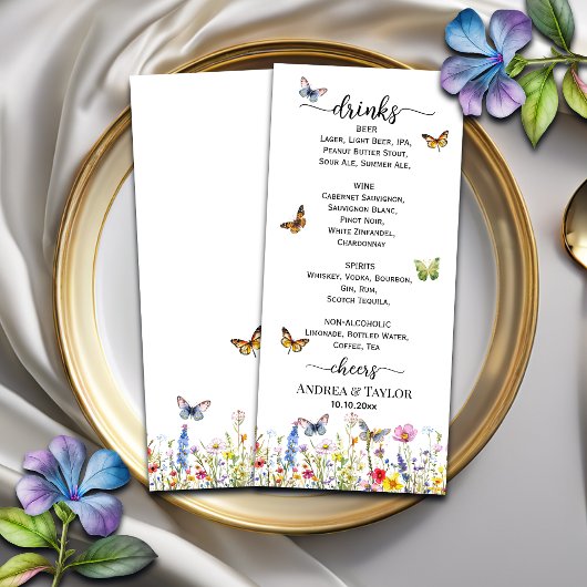 Wildblumen Butterflies Wedding Bar Menu Menükarte