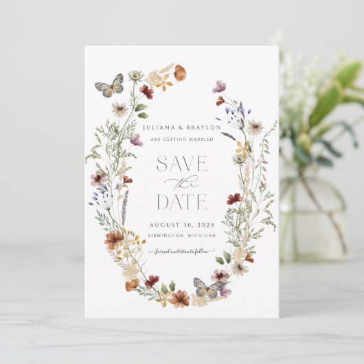 Wildblumen Butterfly Floral Save the Date (Stehend Vorderseite)