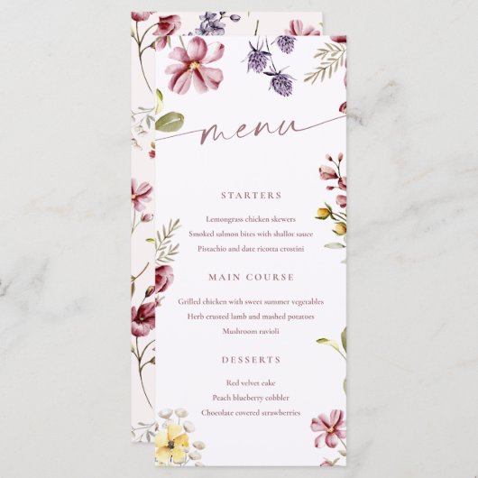 Wildblumen Calligraphy Floral Menu Card Menükarte (Vorne/Hinten)