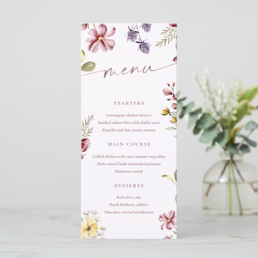 Wildblumen Calligraphy Floral Menu Card Menükarte (Stehend Vorderseite)