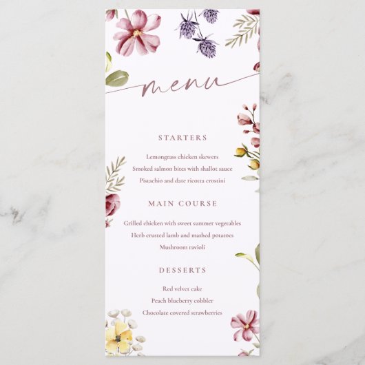 Wildblumen Calligraphy Floral Menu Card Menükarte (Vorderseite)