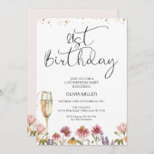 Wildblumen Champagner Glass 21. Geburtstag Einladung (Vorne/Hinten)
