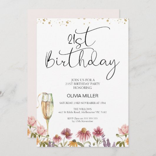Wildblumen Champagner Glass 21. Geburtstag Einladung (Vorne/Hinten)