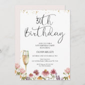 Wildblumen Champagner Glass 30. Geburtstag Einladung (Vorne/Hinten)