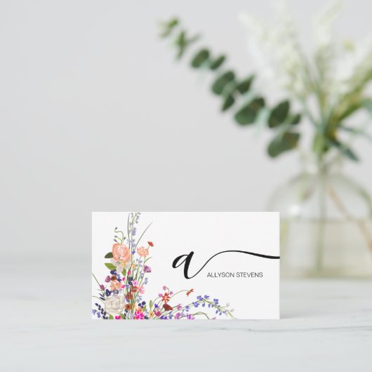 Wildblumen Chic Haar Make-up Foto Initial qr Code Visitenkarte (Stehend Vorderseite)