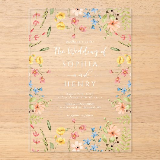 Wildblumen Chic Modern Garden Wedding Acryleinladungen (Vorderseite)