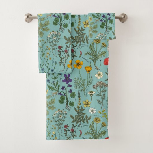 Wildblumen-Collage auf Blau Badhandtuch Set (Insitu)