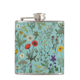 Wildblumen-Collage auf Blau Flachmann