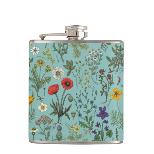 Wildblumen-Collage auf Blau Flachmann (Vorderseite)