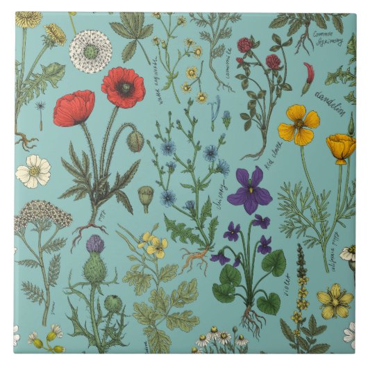 Wildblumen-Collage auf Blau Fliese (Vorderseite)