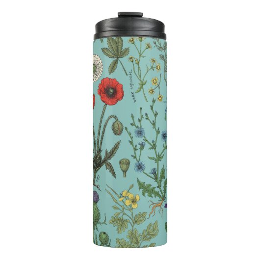 Wildblumen-Collage auf Blau Thermosbecher (Vorderseite)