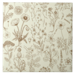 Wildblumen-Collage/ beige und sepia Fliese