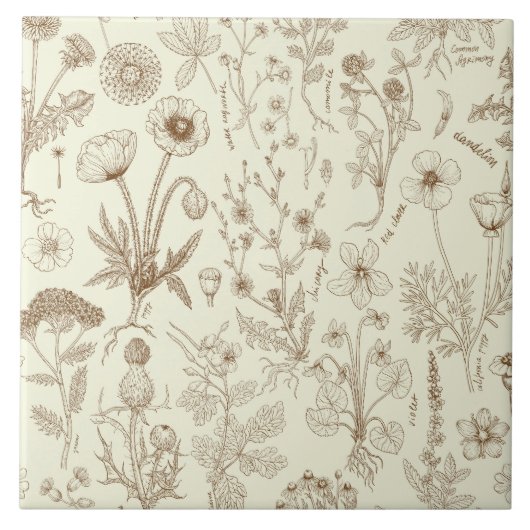 Wildblumen-Collage/ beige und sepia Fliese (Vorderseite)
