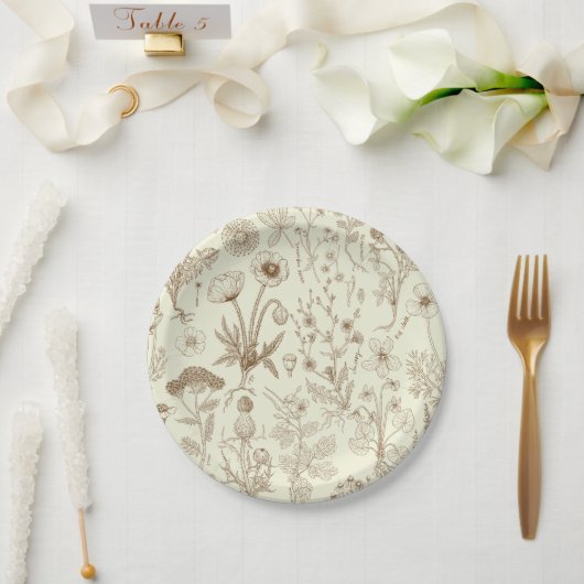 Wildblumen-Collage/ beige und sepia Pappteller (Hochzeit)