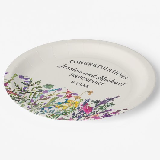 Wildblumen-Creme Pappteller (Schrägansicht)