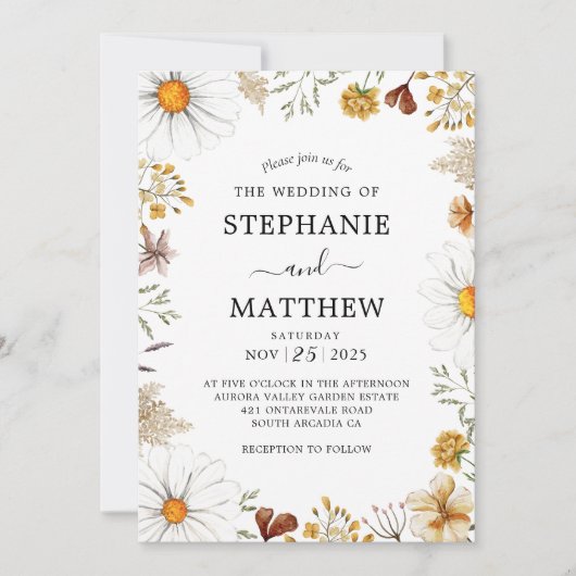 Wildblumen Daisies Botanisches Wasserfarbenhochzei Einladung (Vorderseite)