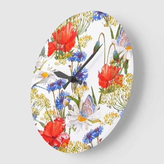 Wildblumen: Dunkelblau, wasserfarblos Große Wanduhr (Winkel)