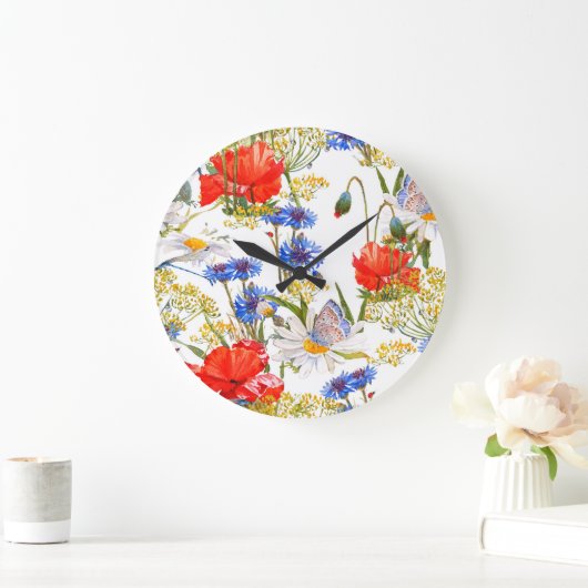 Wildblumen: Dunkelblau, wasserfarblos Große Wanduhr (Zuhause)
