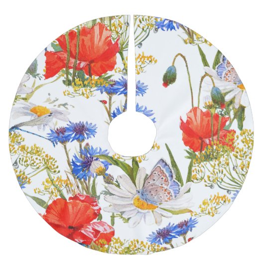 Wildblumen: Dunkelblau, wasserfarblos Polyester Weihnachtsbaumdecke (Vorderseite)