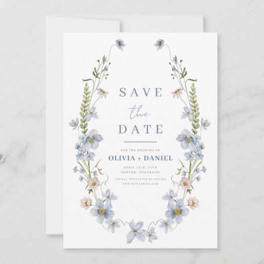 Wildblumen Dusty Blue Boho Save the Date (Vorderseite)