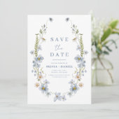 Wildblumen Dusty Blue Boho Save the Date (Stehend Vorderseite)