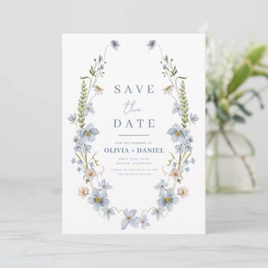 Wildblumen Dusty Blue Boho Save the Date (Stehend Vorderseite)