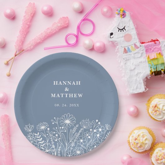 Wildblumen Dusty Blue Boho Wedding Pappteller (Party)
