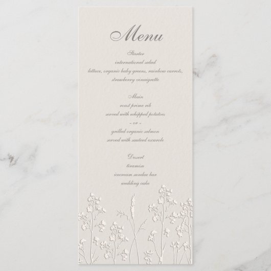 Wildblumen Ecru Imitats Embossed Classic Wedding Menükarte (Vorderseite)