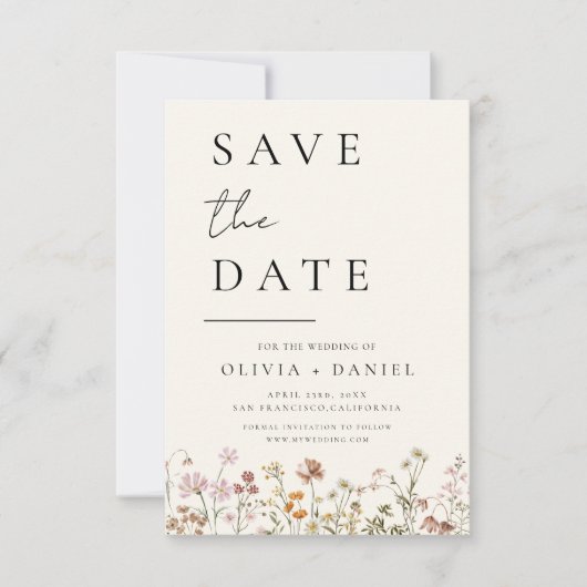 Wildblumen Elegant Boho Save the Date Minimalistis (Vorderseite)