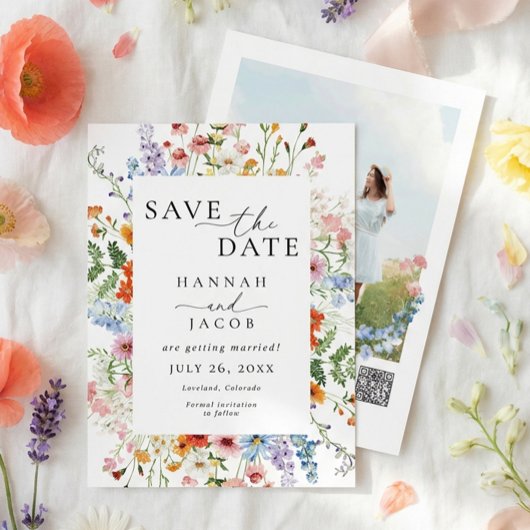 Wildblumen Elegante Florale Foto QR-Code Hochzeit Save The Date