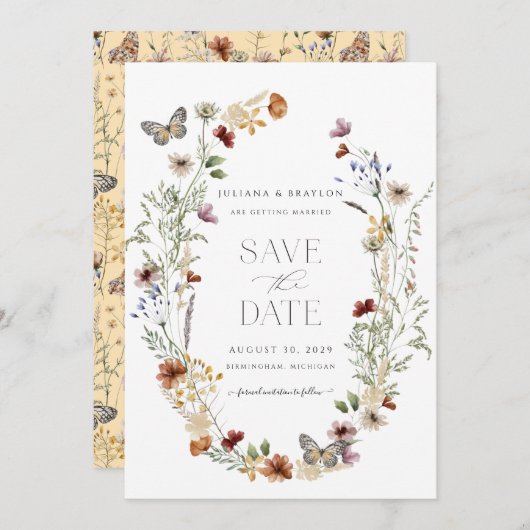 Wildblumen Elegante Wasserfarben Blumen & Butterfy Save The Date (Vorne/Hinten)