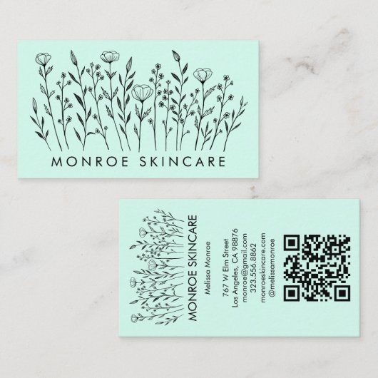 Wildblumen Eleganter Line Art Chic Custom QR Code Visitenkarte (Vorne/Hinten)
