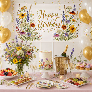 Wildblumen Elegantes Goldschrift Geburtstag Banner