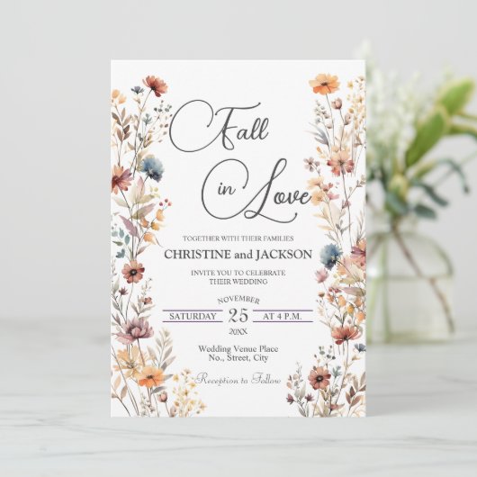 Wildblumen fallen in Liebe QR-Hochzeit Einladung (Stehend Vorderseite)