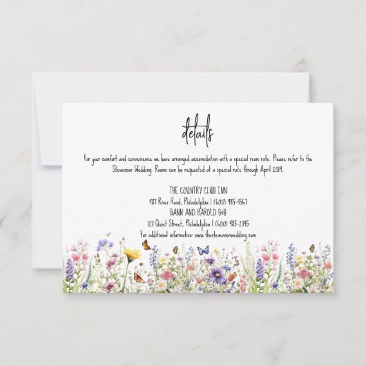 Wildblumen farbenfrohe Hochzeitsdetails Einladung (Vorderseite)