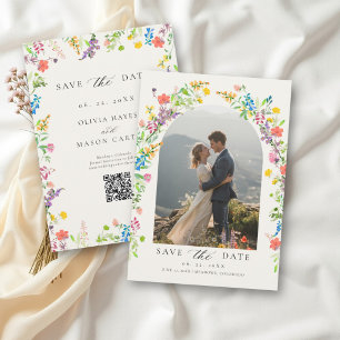 Wildblumen Farbige Florale Foto Ecru Hochzeit Save The Date