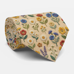 Wildblumen Faux-Seide   Vintage-Stickerei-Stil  Krawatte