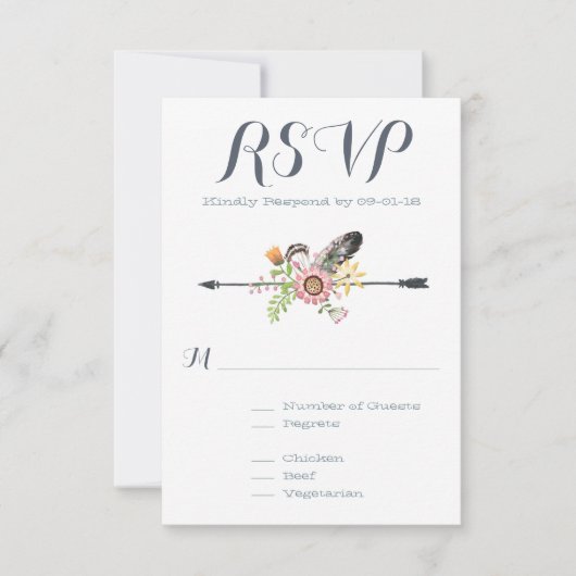 Wildblumen Feathers and Arrow RSVP Karte (Vorderseite)