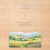 Wildblumen Feld und Berge Rustikale Hochzeit Acryleinladungen (Vorderseite)
