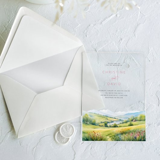 Wildblumen Feld und Berge Rustikale Hochzeit Acryleinladungen