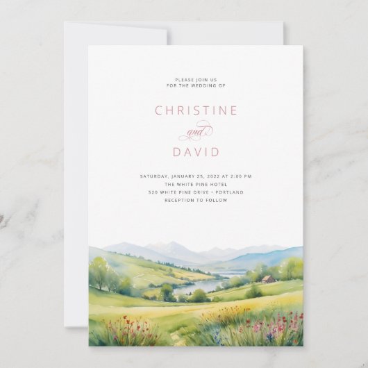 Wildblumen Feld und Berge Rustikale Hochzeit Einladung (Vorderseite)