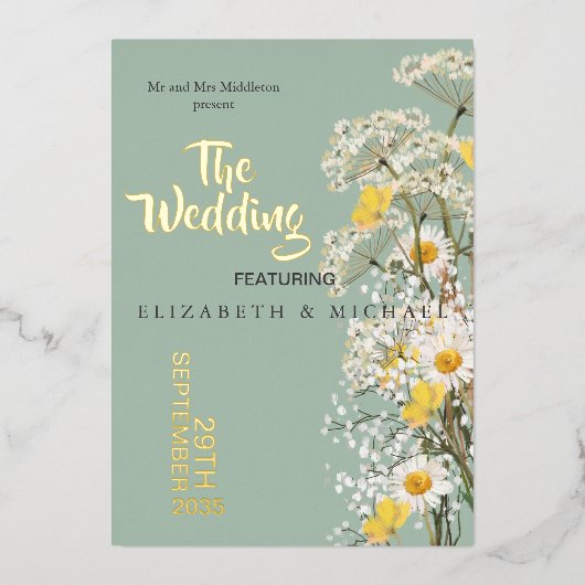 Wildblumen Festival Thema Blumenzettel Hochzeit Folieneinladung (Vorderseite)