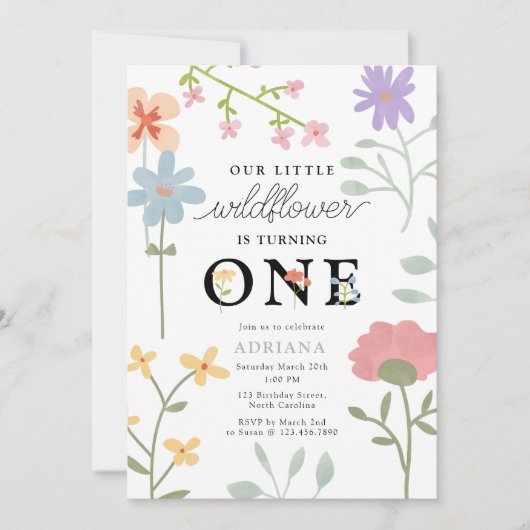 Wildblumen Flora Erster Geburtstag Einladung (Vorderseite)