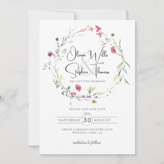Wildblumen Floral Botanisch Save the Date Lila Einladung (Vorderseite)