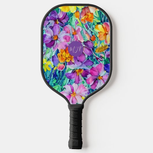 Wildblumen Floral-Elegante-Initialen Monogramm Pickleball Schläger (Rückseite)